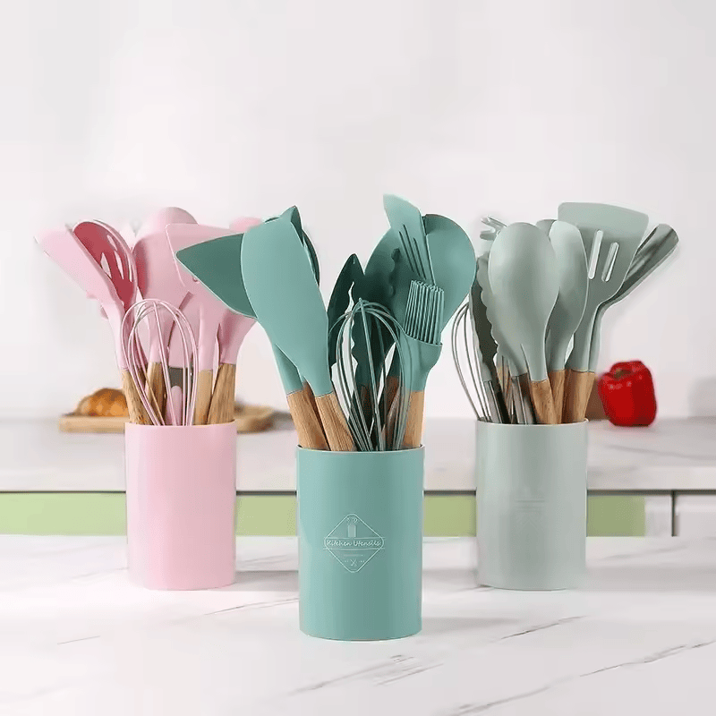 12pcs Wooden Handle Silicone Kitchenware with Storage Bucket High Temperature Resistant Non-stick Spatula Kitchen Cooking Tool