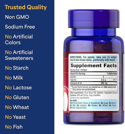 Puritan's Pride Coenzyme CoQ10 200mg, Dietary Supplement for Heart Health, Blood Pressure, Oral Gum Health, and Healthy Aging Support, 240 Rapid Release Softgels, 2-Pack